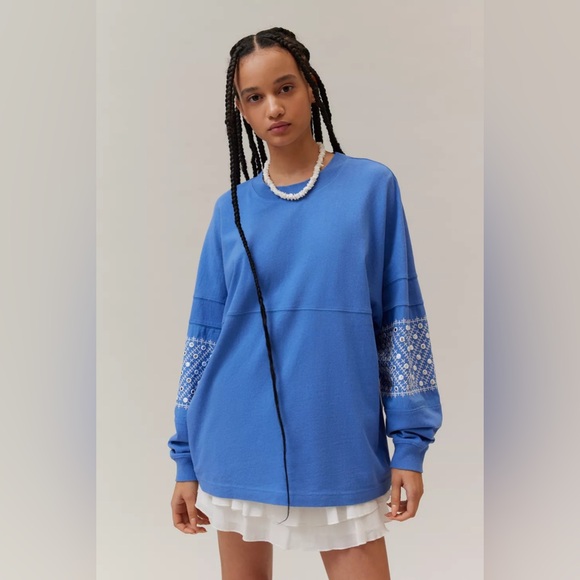 Urban Outfitters Tops - Urban Outfitters Blue Sweatshirt with Patterned Sleeves NWOT